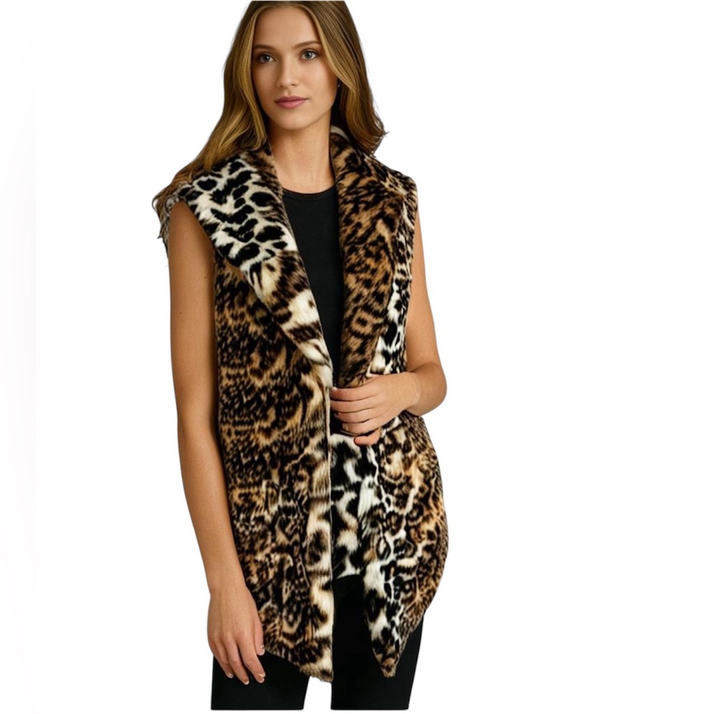 Cejon Leopard Faux Fur Vest Vintage Animal Print Mobwife Retro 80s Safari Medium